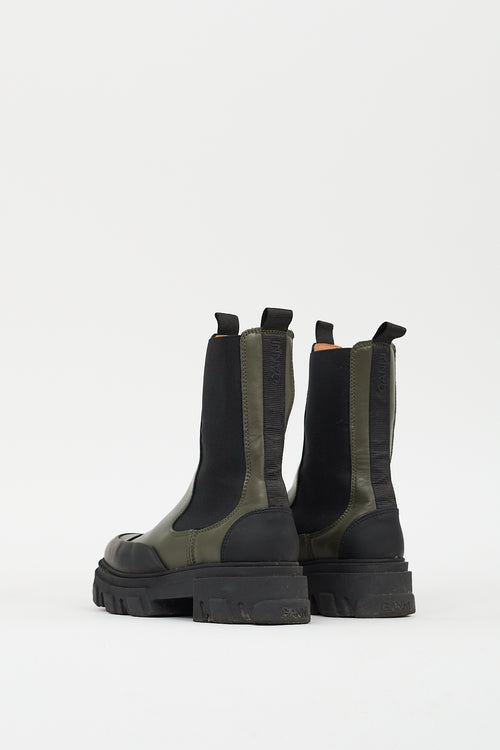 Ganni Black & Green Leather City Boot