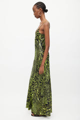 Ganni Black & Green Silk Print V-Neck Dress