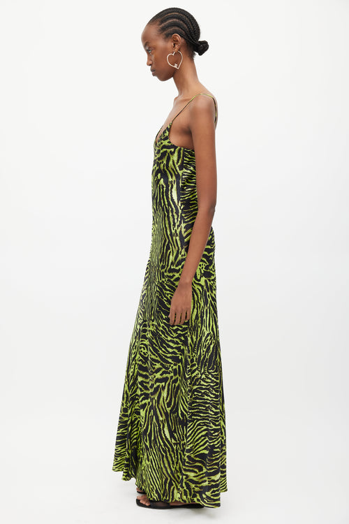 Ganni Black & Green Silk Print V-Neck Dress