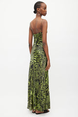 Ganni Black & Green Silk Print V-Neck Dress