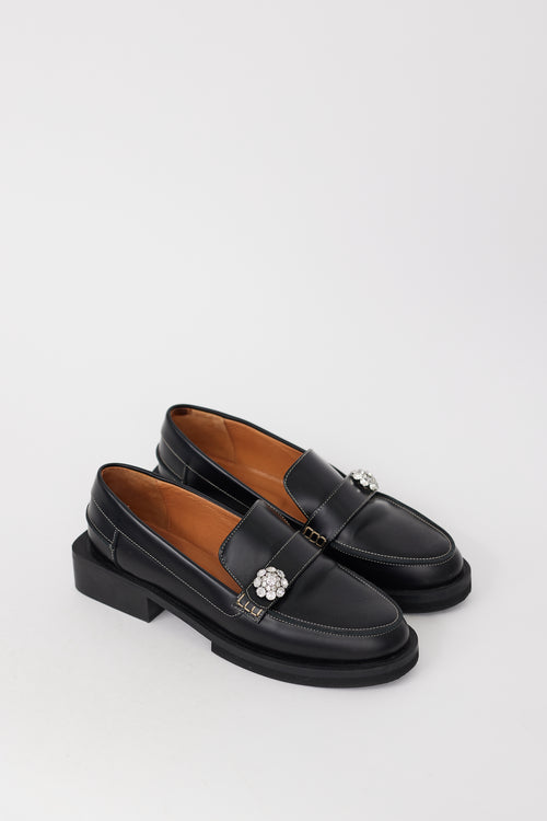 Ganni Black Leather Embellished Block Heel Loafer