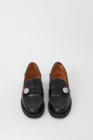 Ganni Black Leather Embellished Block Heel Loafer