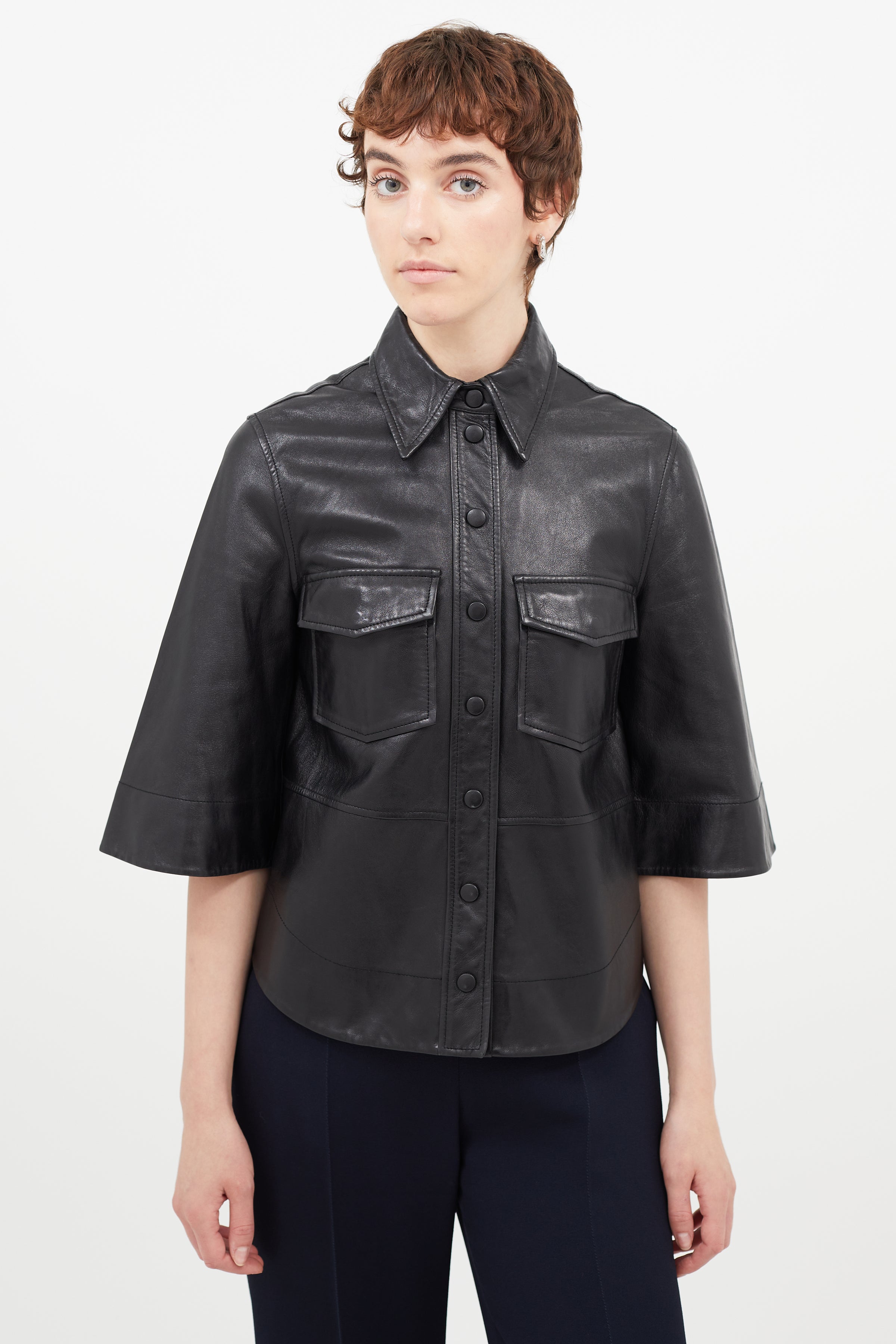 Ganni // Black Leather Shirt Jacket VSP Consignment Ganni // Black Leather Shirt Jacket VSP Consignment