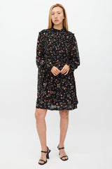 Ganni Black & Multi Floral Long Sleeve Dress
