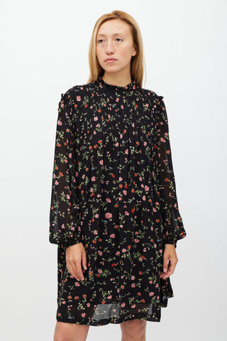 Ganni Black & Multi Floral Long Sleeve Dress
