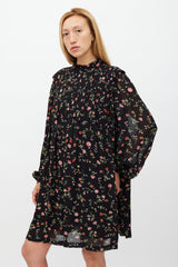 Ganni Black & Multi Floral Long Sleeve Dress