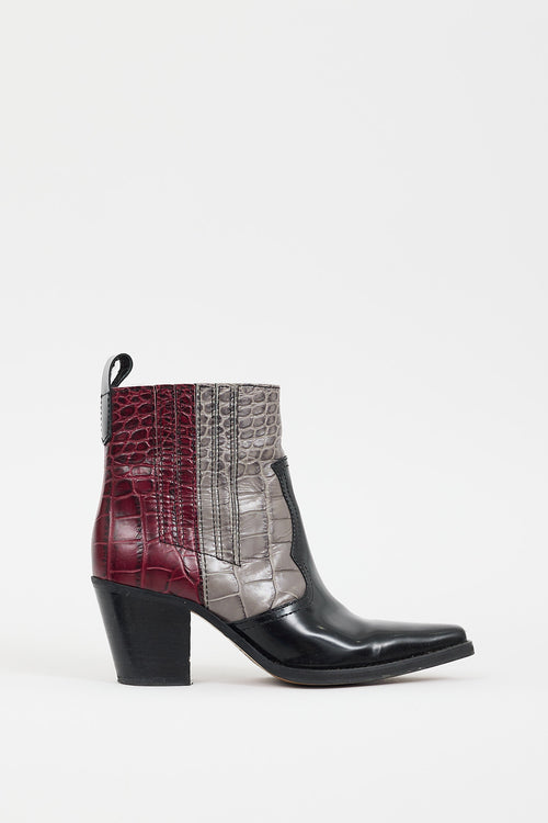 Ganni Black & Multicolour Embossed Leather Western Boot