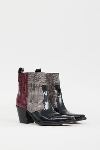 Ganni Black & Multicolour Embossed Leather Western Boot