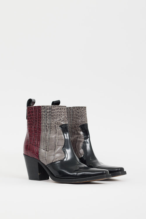 Ganni Black & Multicolour Embossed Leather Western Boot