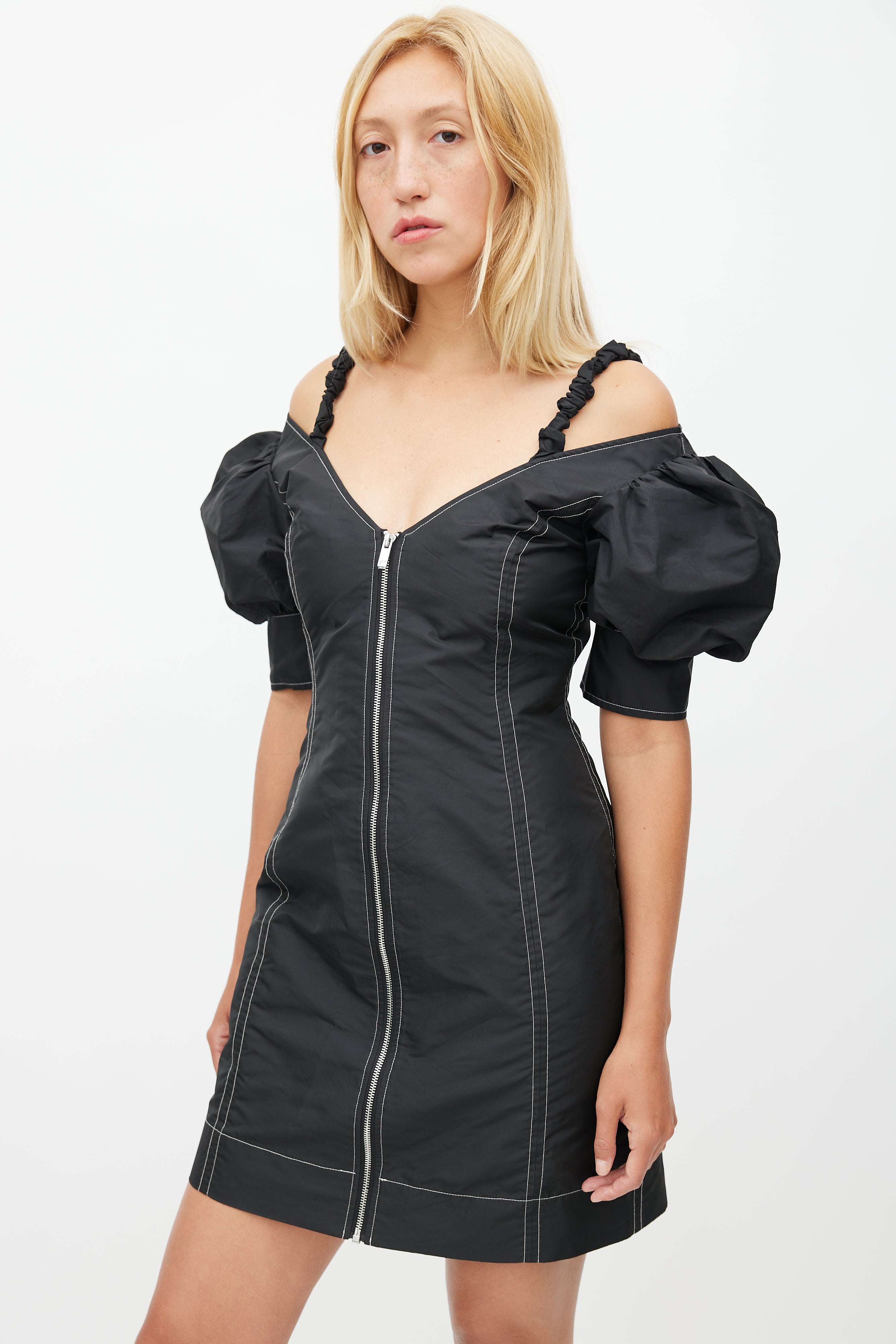 Ganni // Black Off The Shoulder Contrast Stitch Dress VSP Consignment Ganni // Black Off The Shoulder Contrast Stitch Dress VSP Consignment