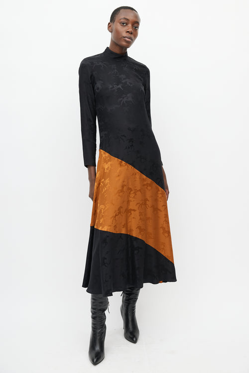 Ganni Black & Orange Silk Horse Dress