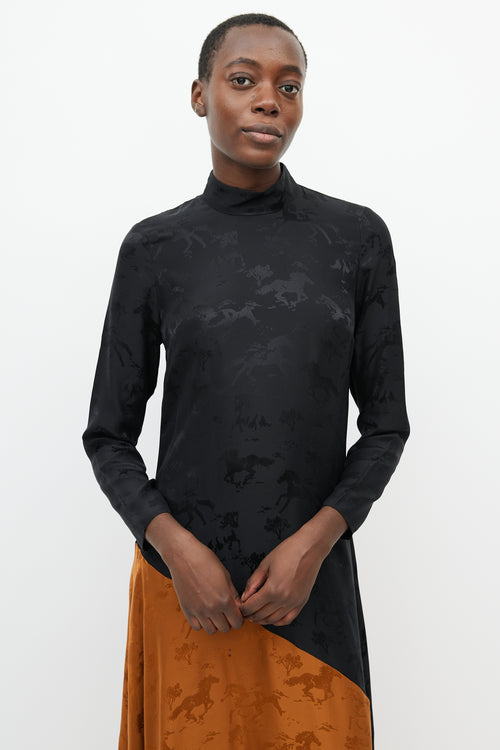 Ganni Black & Orange Silk Horse Dress
