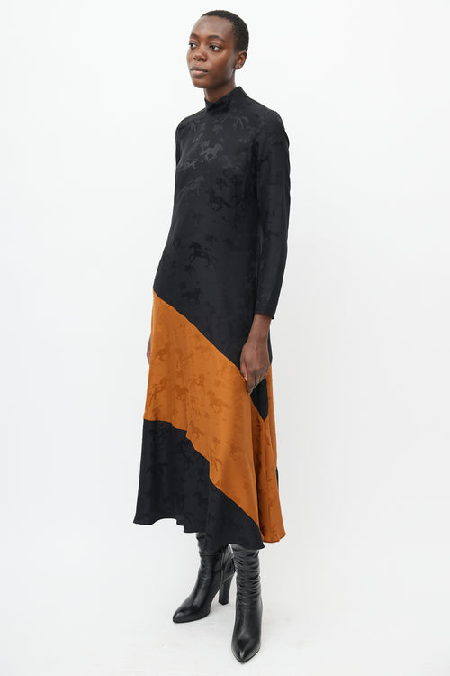 Ganni Black & Orange Silk Horse Dress