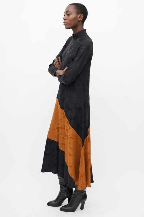 Ganni Black & Orange Silk Horse Dress
