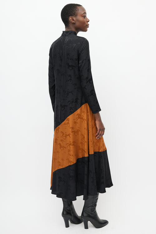 Ganni Black & Orange Silk Horse Dress