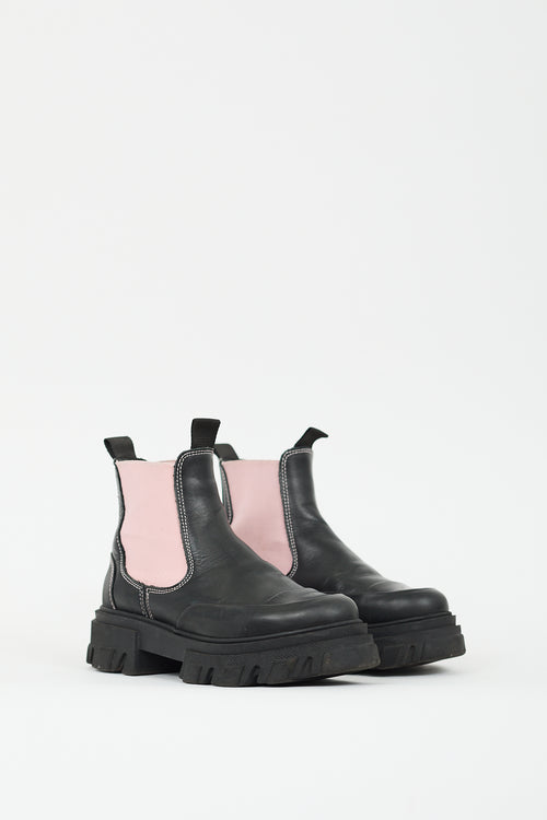 Ganni Black & Pink Leather Chelsea Boot