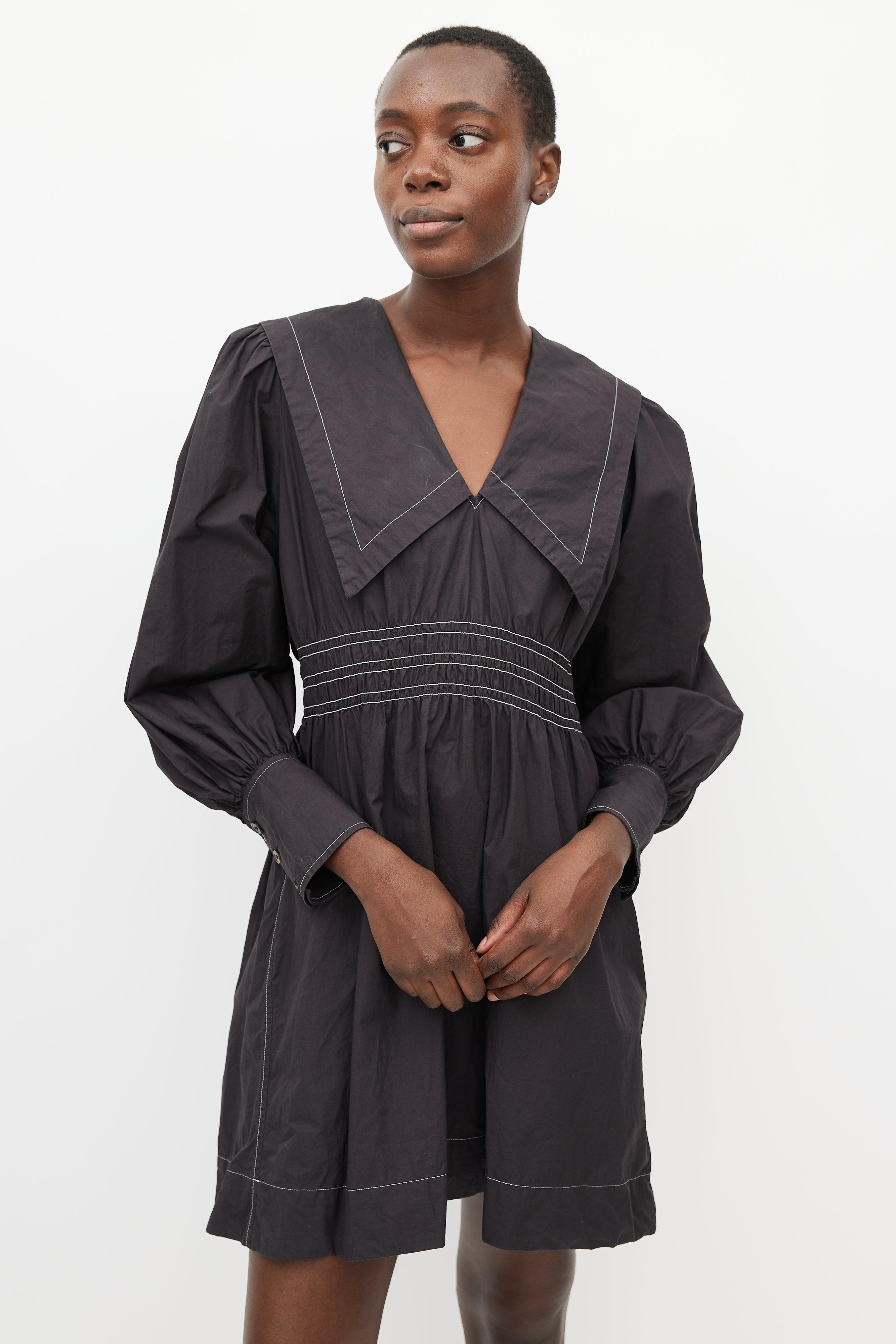 black dress with white stitching KIZN Blazer Dress With Cinched Waist White Stitch Detail Long Sleeve Mini Black Dress For Fall Winter Office Party Evening ProfessionalMISSGUIDED