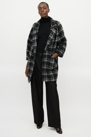 Ganni Black & White Plaid Wool Coat