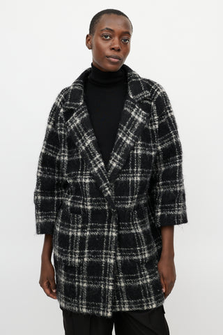 Ganni Black & White Plaid Wool Coat