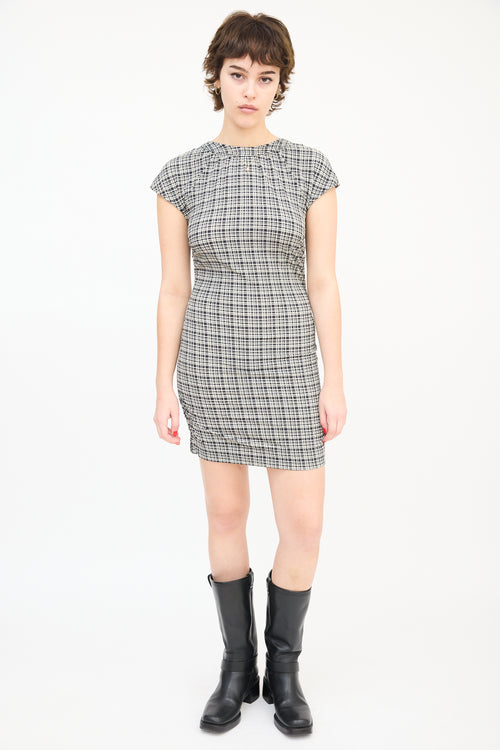 Ganni Black & White Seersucker Check Ruched Mini Dress