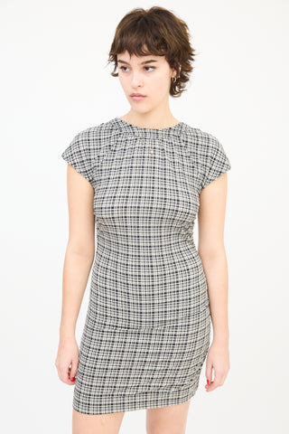 Ganni Black & White Seersucker Check Ruched Mini Dress