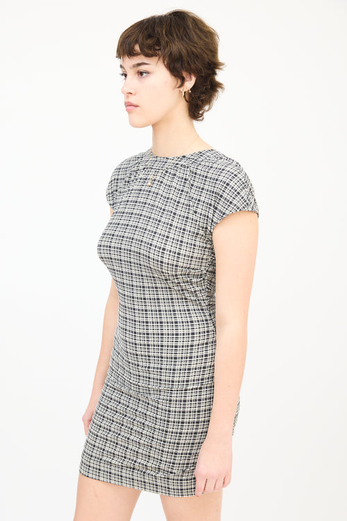 Ganni Black & White Seersucker Check Ruched Mini Dress