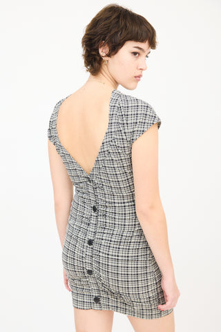 Ganni Black & White Seersucker Check Ruched Mini Dress