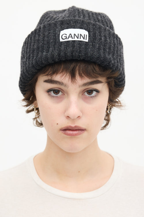 Ganni Black Wool Ribbed Knit Logo Beanie