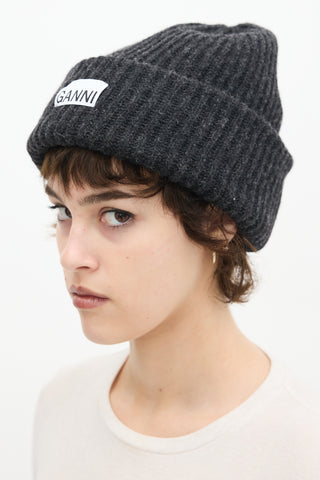 Ganni Black Wool Ribbed Knit Logo Beanie