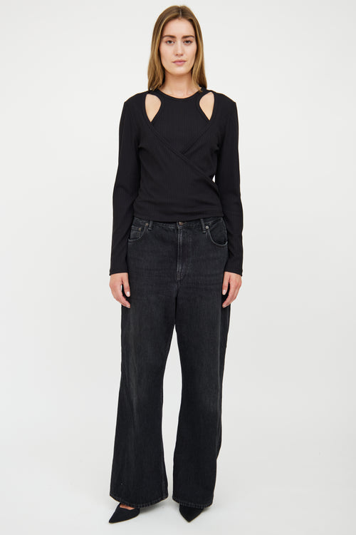 Ganni Black Ribbed Layered & Tied Top