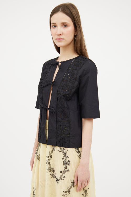 Ganni Black Eyelet Tie Top