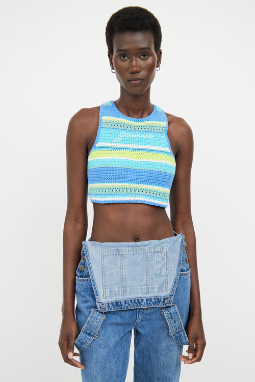 Ganni Blue & Multicolour Striped Racerback Knit Top