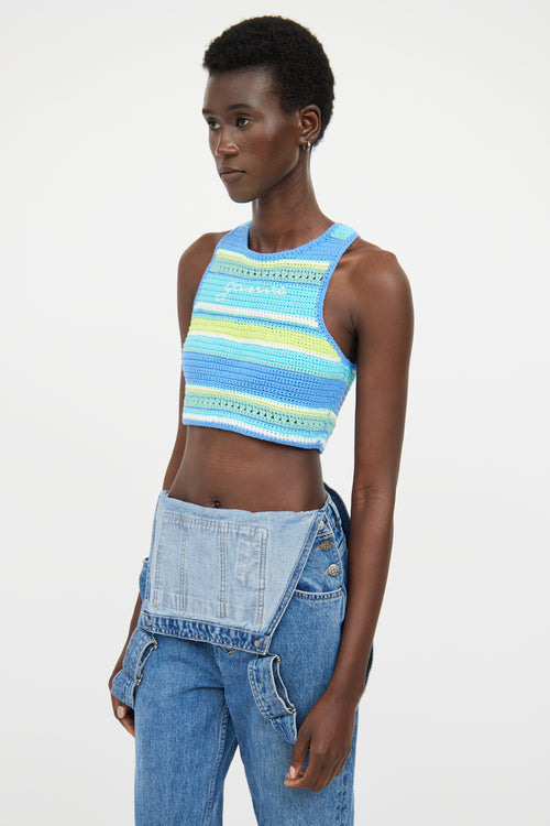 Ganni Blue & Multicolour Striped Racerback Knit Top