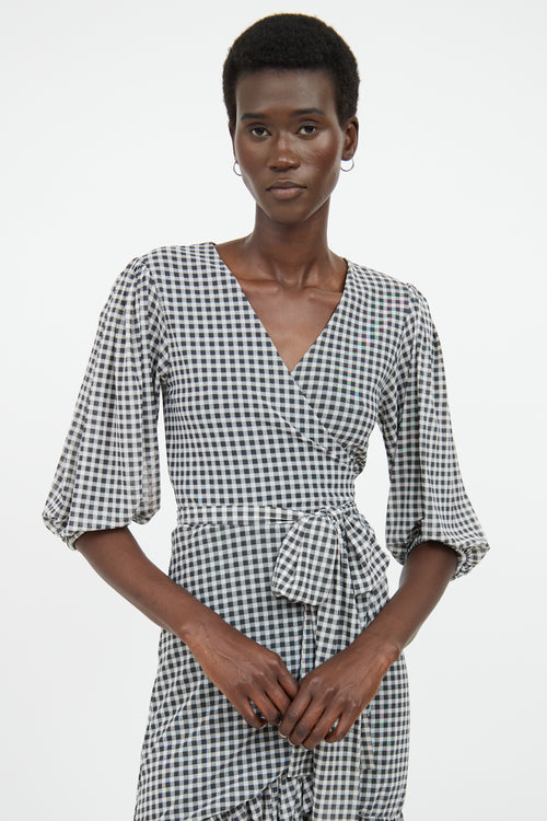 Ganni Grey & White Gingham Wrap Dress