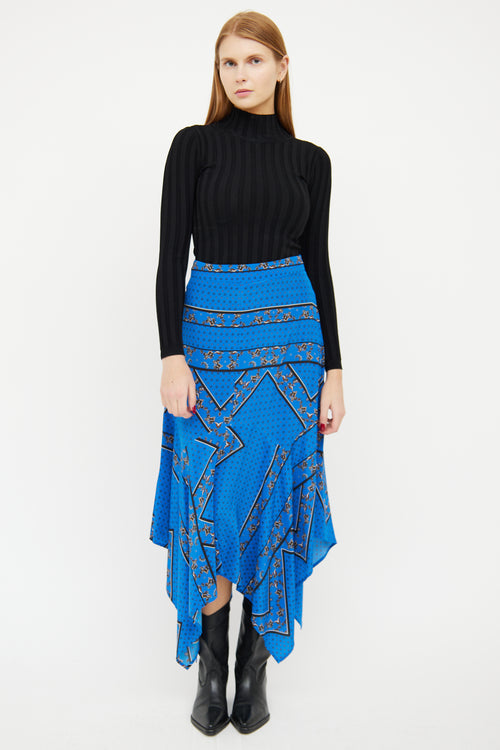 Ganni Blue Silk Paisley Print Midi Skirt