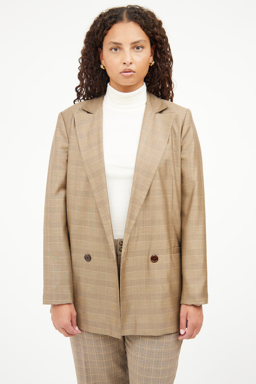 Ganni Brown Plaid Long Sleeve Blazer