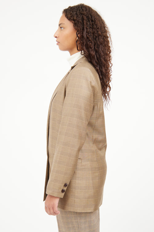 Ganni Brown Plaid Long Sleeve Blazer