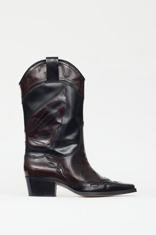 Ganni Burgundy & Black Patent Leather Western Boot