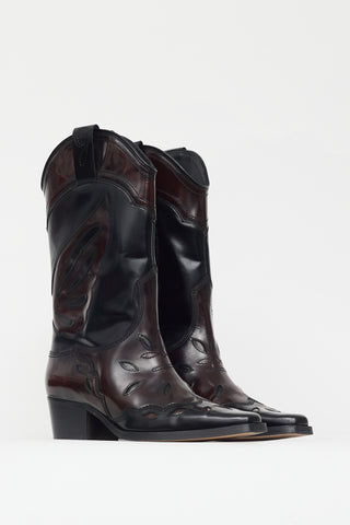 Ganni Burgundy & Black Patent Leather Western Boot