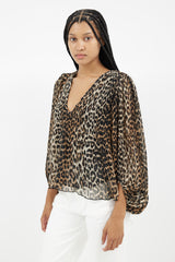 Ganni Brown & Black Print Pleated Blouse