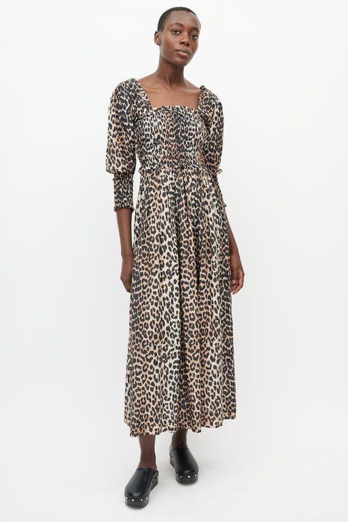 Ganni Brown & Black Smocked Dress