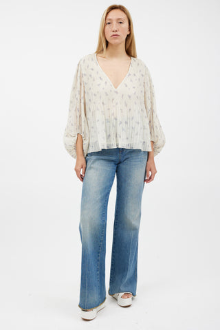 Ganni Cream & Grey Floral Pleated Top