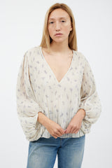 Ganni Cream & Grey Floral Pleated Top