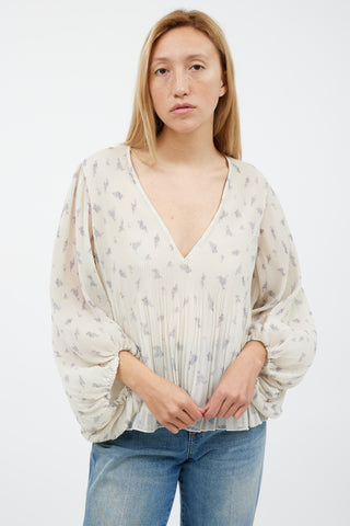 Ganni Cream & Grey Floral Pleated Top