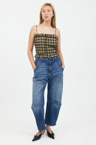 Ganni Green & Black Gingham Ruffle Tank Top