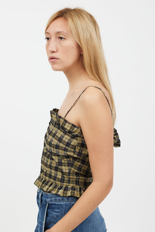 Ganni Green & Black Gingham Ruffle Tank Top