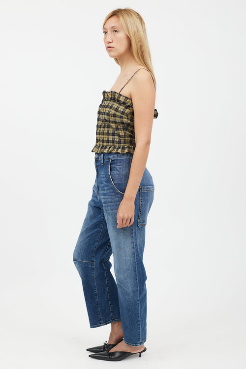 Ganni Green & Black Gingham Ruffle Tank Top