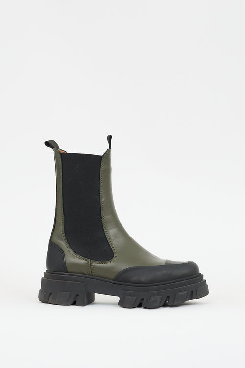 Ganni Green & Black Leather Lug Sole Chelsea Boot