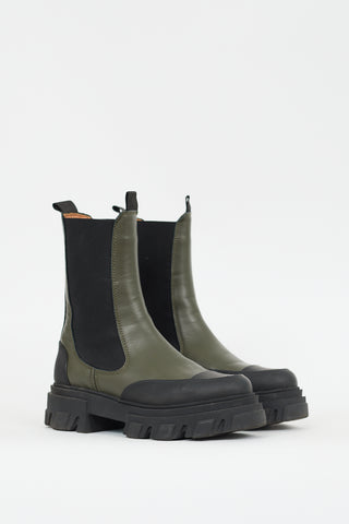 Ganni Green & Black Leather Lug Sole Chelsea Boot