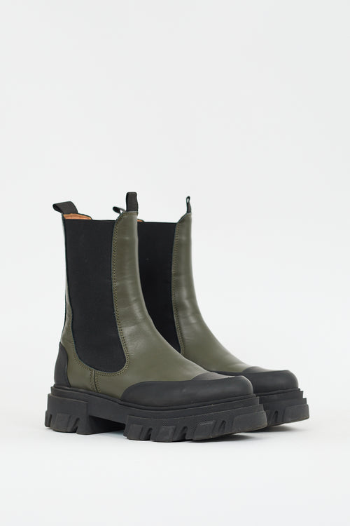 Ganni Green & Black Leather Lug Sole Chelsea Boot